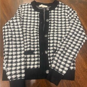 LOFT Monochrome Houndstooth Cardigan with metallic silver detail. NWT. XS